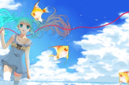 Hatsune Miku - aqua, hot, thigh highs, thighhighs, music, anime girl, white, amazing, art, cool, aqua eyes, ribbon, artistic, hatsune miku, sexy, song, stunning, vocaloids, program, vocaloid, beautiful, diva, dress, beauty, nice, sky, water, twintail, singer, blue sky, aqua hair, black, virtual, pretty, idol, white clouds, clouds, anime, miku, cute, twin tail, girl, cg, hatsune, blue, fish, awesome, digital