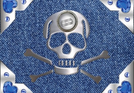 SILVER SKULL & CROSSBONES - skull, metal, silver, blue, denim, razor blade, steam punk, crossbones