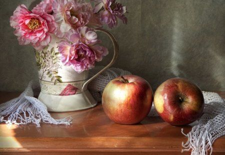 roses,lace and apples.... - lace, still life, apples, roses