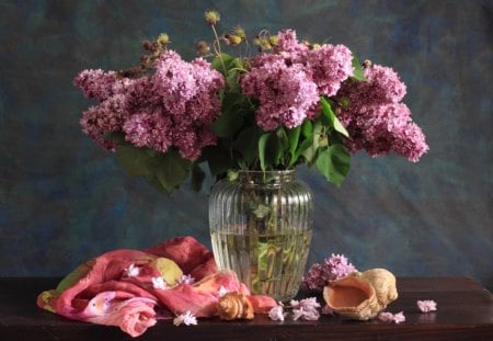 lilacs and seashells - seashells, lilacs, flowers, still life