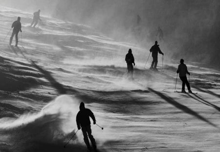 Shadow Skiers - hill, ski, photography, snow, silhouette, creative, shadow, black and white, dramatic