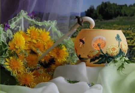 Still life - cloth, veil, yellow, umbrella, bowl, flowers, still life