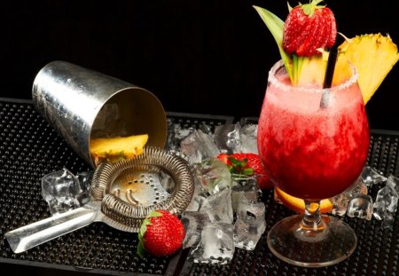 Cocktail - ice, drink, glass, fruits, cocktail, summer, berries, juice, strawberries, red, strong