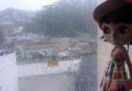 rainy days - waiting, city, rain, doll