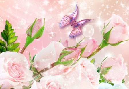 Roses For You - roses, summer, buds, spring, pink, stars, flowers, glow, bubbles, butterfly, jewelry, pale, shine