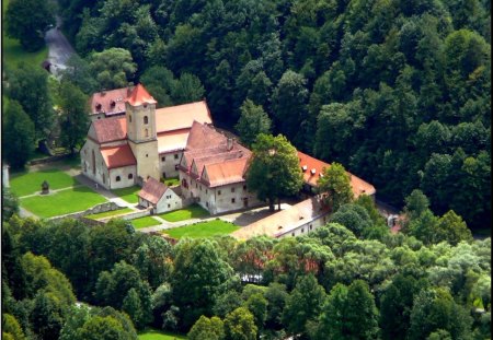 Carthusian Monastery - greenery, carthusian monastery, aerial, trees, architecture, summer hill, park, religious