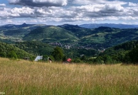 view from the hall - sky, trees, forests, greenery, summer, meadow, mountains, hall, nature, grass valley, clouds