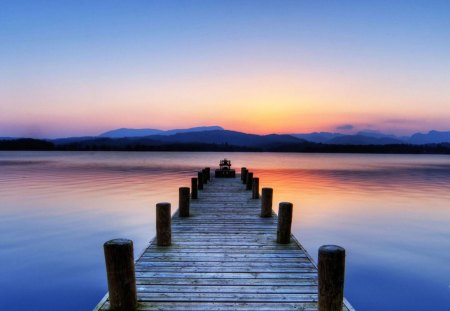 Sunset on the Lake - sunset, water, blue, lake, dock, reflection, sun, sky