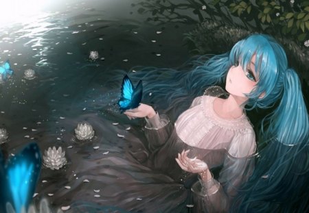 Miku In Water!! - hatsune, miku, cute, water, sweet, vocaloid, girl, butterfly, blue hair