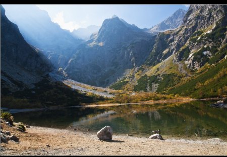 Tatra Mountains, Poland - greenery, tatra mountains, water, summer, rock, poland, mountain plants, tops, mosses, musing, the rays, lake, sky