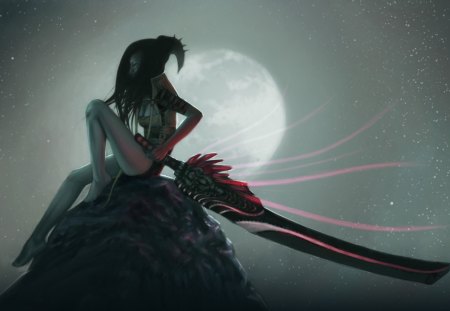 girl in the moonlight - sword, moonlight, fantasy, artwork, girl, night