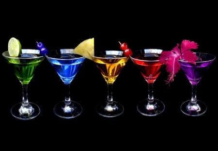 Cocktail - glass, yellow, red, fruits, blue, cocktail, green, drinks