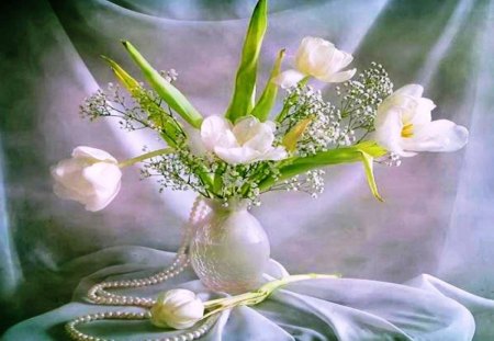 White tenderness - vase, tenderness, pearls, beautiful, still life, bouquet, flowers, colorful, tulips, white, nature