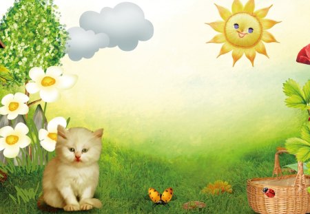 Kittens Heavenly Garden - summer, spring, flowers, bird house, kitten, garden, field, sky, sun, clouds, strawberries, trees, bee, ladybug, sunshine, cat, basket, bird feeder, kitty