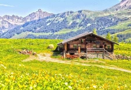 Mountain home - fields, beautiful day, landscape, mountain, way, lovely, nature, finish, view, home, splendor, house, beautiful place, color colors