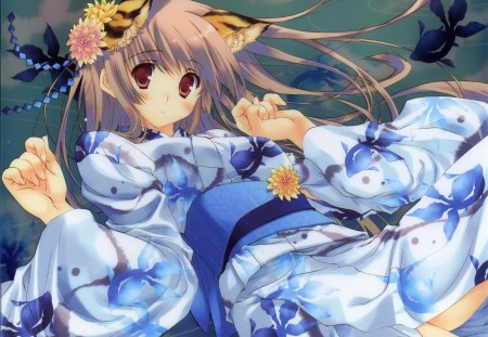 Kimono - neko, girl, petals, kimono, flower