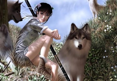 The beauty and the wolves - wolf, predator, art, girl, wild, animal, fantasy