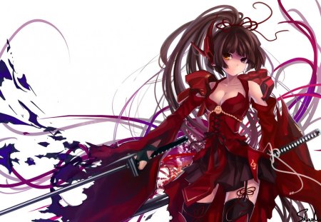 Girl with Katana - girl, warrior, katana, red, long hair, sword