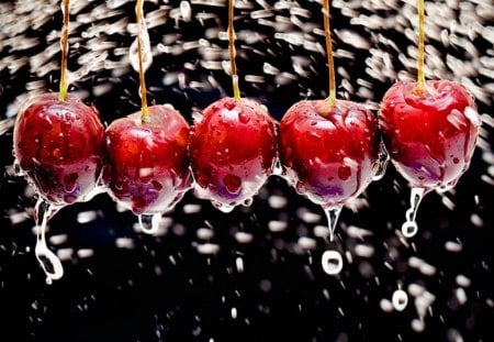 Wet cherries - yummy, fruits, water, wet, delicious, cherries, red, beautiful, drops