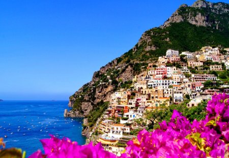 Amalfi coast - pretty, cascades, summer, europe, horizons, town, coast, blue, pink, amalfi, positano, flowers, view, nice, houses, water, beautiful, sea, city, lovely, boats, nature, italy, peaceful