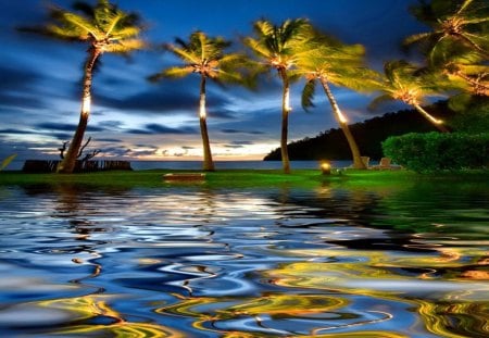 Tropical sunset - summer, beautiful, beach, palms, palm trees, tropics, light, nature, sunset, exotic, tropical, water, evening, night, sky, dusk, reflection, island, clouds, romantic, twilight