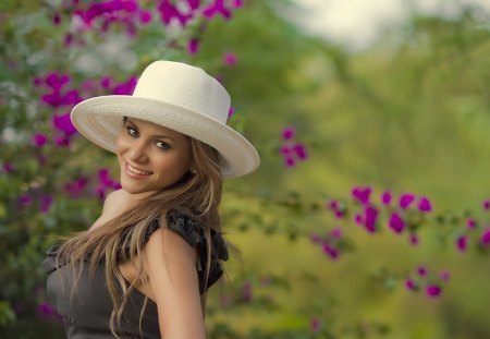 Beauty with sweet smile - beauty, stare, hat, lips, girl, eyes, sweet smile, nature, face, smile, flowers