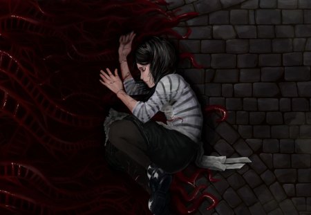 American McGee's Alice - alice, girl, red, wall, darkness, black hair