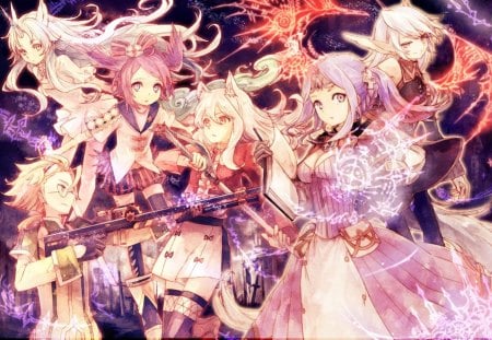 pixiv fantasia - magic, animal ears, tail, long hair, white hair, horns, purple eyes, short hair, weapon, purple hair, gun, sword, pixiv fantasia, blonde hair, red eyes, glasses, wings