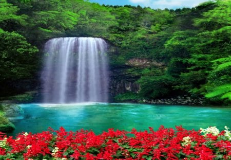 Waterfall - nature, waterfalls, flowers, other