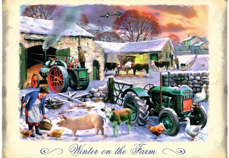 WINTER ON THE FARM - occupations, tractors, chickens, animals, winter, pigs, farmers wife, vehicles, ducks, snow, farms