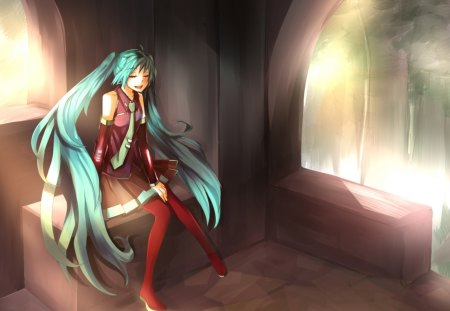 Hatsune Miku - tie, pretty, artistic, twin tail, uniform, stunning, headphones, bench, nice, sunlight, program, leggings, hot, thighhighs, sunshine, beauty, virtual, cg, white, cute, aqua eyes, song, outfit, sexy, vocaloid, anime, blue, amazing, twintail, hatsune miku, microphone, music, stockings, red, art, sitting, sun, castle, idol, anime girl, trees, skirt, beautiful, singer, girl, cool, black, miku, awesome, diva, digital, aqua hair, thigh highs, hatsune, vocaloids, headset