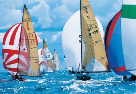 SAILBOATS ON THE BLUE WATERS - water, sea, sunshine, ocean, boats, summertime, sailing, wind, sport, leisure