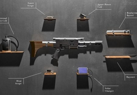 Rifle completo - equipamentos, mira laiser, bateria solar, arma, mira telescopica, baioneta