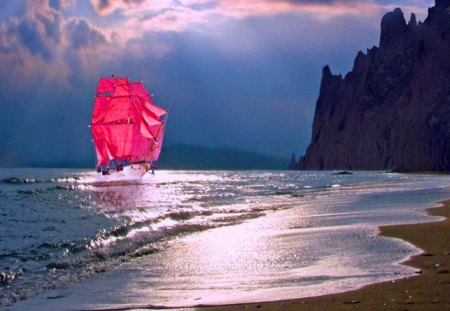 Sail With Me - ocean, sails, boat, pink