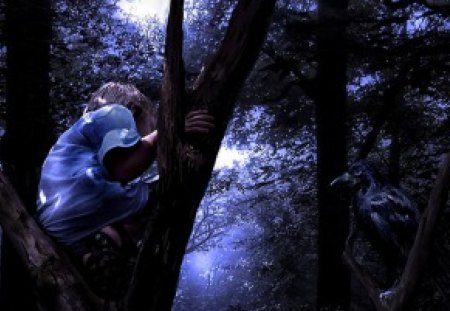 fantasy forest - trees, children, forest, light, fantasy, bird