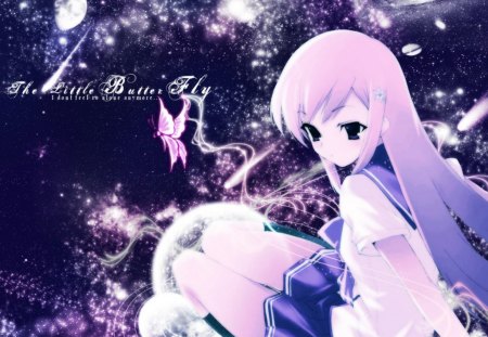 Girl - space, moon, anime, girl, butterfly, stars