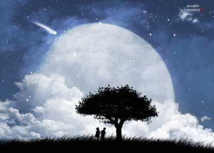 Peaceful Night - clouds, moon, people, shooting star, silhouette, couple, tree