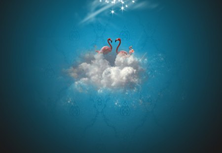 Heaven of Flamingo - flamingo, sky, clouds, blue, pattern, contrast, heaven, birds