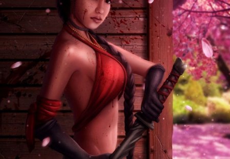 Kira - beauty, girl, warrior, lovely, stunning, fantasy, cg, pretty, kira, red, ninja, sword, flower