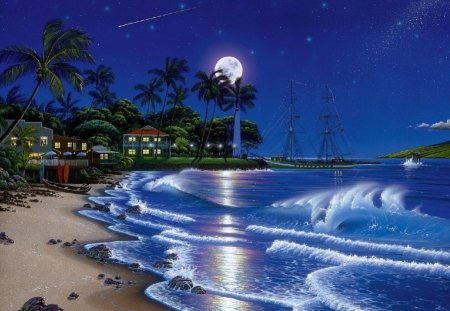 Tropical Seasial - night, beach, houses, ocean