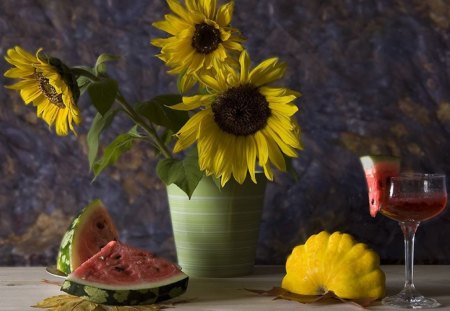 sunny flowers - sunshine, watermelon, flowers, patisson