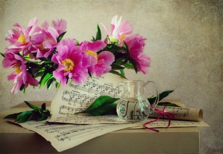 Music for flowers - vase, tenderness, water, petals, still life, bouquet, flowers, music, melody, soft, ribbon, notes