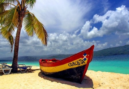 Lonely boat on the beach - clouds, lonely, water, beach, boat, sea, ocean, sand, palm, tropics, nature, tropical, emerald, sky