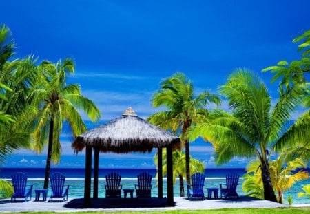 One day at tropics - tropical, summer, beach, palms, cottage, ocean, cabin, grass, blue, palm trees, bungalow, tropics, sea, nature, green