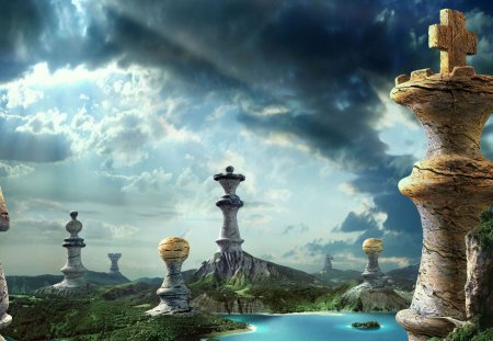 Space Fantasy - chess pieces, water, sunshine, clouds