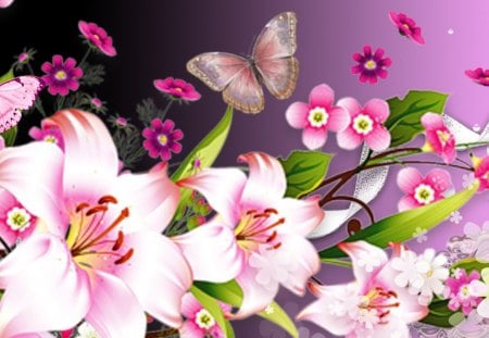 Lilies White and Butterflies Bright - lilies, colorful, summer, spring, bright, butterfly, fragrant, lily, aroma, pink, flowers, lavender