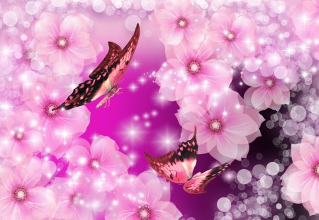 Pink Shine - bokeh, stars, summer, shine, transparent, spring, glow, glitter, pink, flowers, butterflies