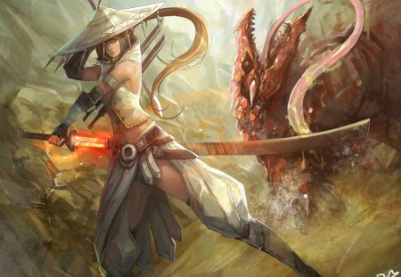 Warrior Girl - sexy, hot, hat, female, warrior, monster, light sword, fighter, anime girl, fire sword, warrior girl, cool, sword