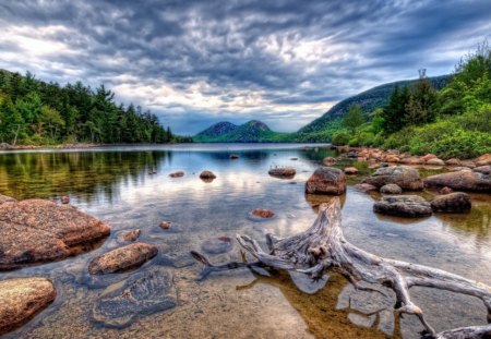 River - river, nature, roky, in, reflecting, cloudi, sky