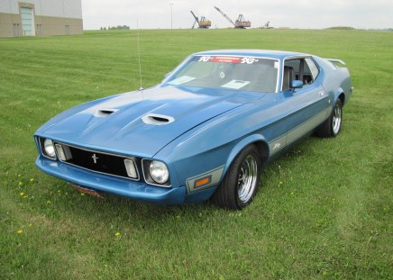 1973 Ford Mustang at the car show - tire, mustang, blue, grass, Photography, Headlights, black, Ford, car, green